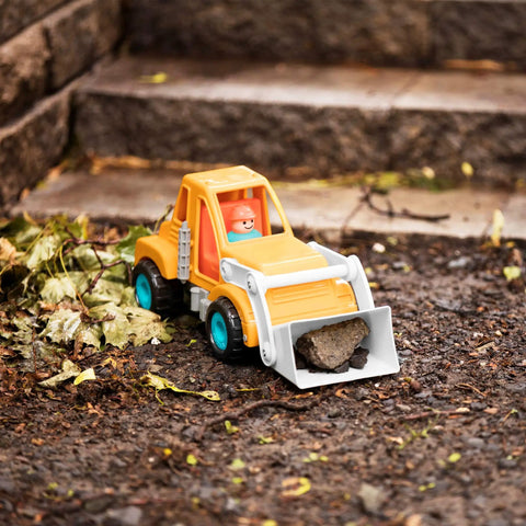 Colorful Kids Construction Bulldozer Toy With Movable Loader And Friendly Driver Durable Yellow Front End Loader Truck For Toddlers Soft Rubber Wheels Kid Friendly Classic Style For Sandbox Play Ages 18 Months And Up on dirt with rocks in loader