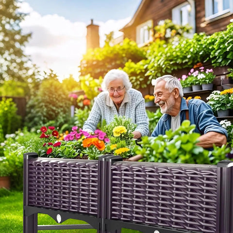 Elderly couple tending plants in Sturdy Raised Garden Bed With Reinforcement Rods, Elevated Planter Box, purple, outdoor setting