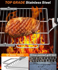 Grilled meat on Portable Campfire Grill Grate For Fire Pit Foldable Stainless Steel With Height Adjustable Legs, flames visible