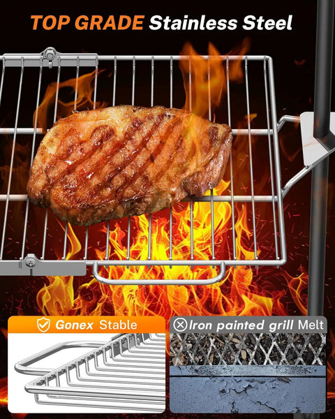Grilled meat on Portable Campfire Grill Grate For Fire Pit Foldable Stainless Steel With Height Adjustable Legs, flames visible