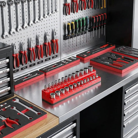 Eight Piece Socket Organizer Set With Six Socket Trays And Two Wrench Racks For One Quarter Inch Three Eighths Inch And One Half Inch Sockets And Metric SAE Tools For Your Garage Or Toolbox on a workbench.