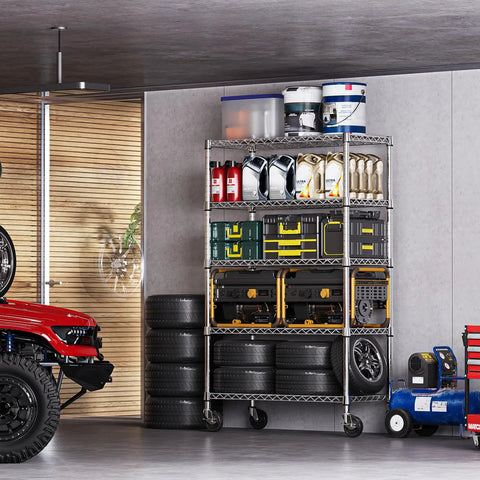 Five Tier Beast Mode Heavy Duty Steel Wire Shelving Unit On Casters With Adjustable Shelves Chrome Finish for storage garage