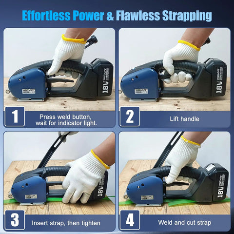 Heavy Duty Rock Solid Electric Strapping Machine For PP PET Bands Featuring Hot Swappable Batteries Fast Charge Cycle And No Sweat Operation For Busy Warehouse Crews using steps for seamless strapping.