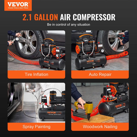 Compact 2.1 Gallon Oil Free Air Compressor With 1.2HP Motor, collage showing uses for auto repair, tire inflation, spray painting, woodworking.
