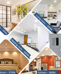 Collage showing rooms with 18 Pack Six Inch Ultra Slim LED Recessed Ceiling Light With Junction Box No Fuss Install 5 CCT Selectable.
