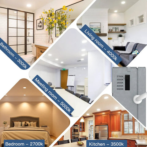 Collage showing rooms with 18 Pack Six Inch Ultra Slim LED Recessed Ceiling Light With Junction Box No Fuss Install 5 CCT Selectable.