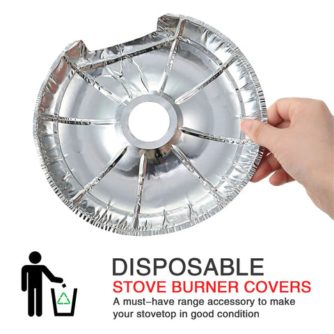 Hand holding 60 Pcs Disposable Aluminum Stove Burner Covers And Drip Pan Liners, Round 6.25 Inch, maintains stove cleanliness.