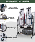 Two Level Golf Bag Organizer With Movable Lockable Wheels Dual Bag Rack For Two Golf Bags Club Holder Extra Stand Drawers