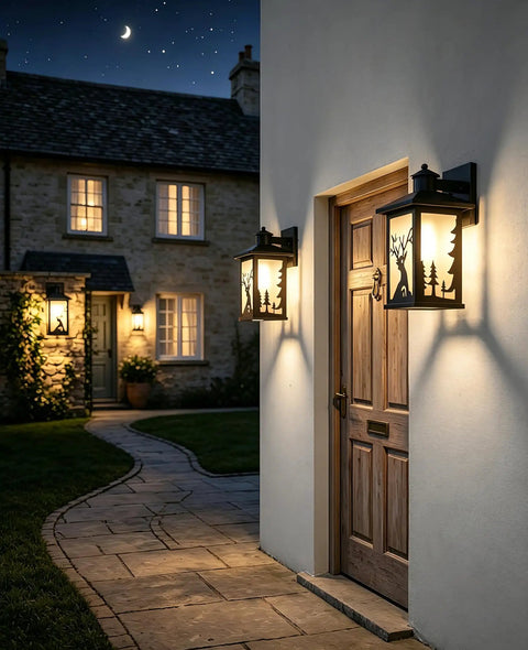 Two Pack Outdoor Wall Sconce Lights Waterproof Exterior Porch Fixtures With Rust Resistant Metal Housing Frosted Glass Deer Pattern And E26 Socket For Home Garage Patio Front Door