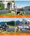 Collage showing 200W Foldable Solar Panel For Off Grid Power Stations Jackery Bluetti Anker used in different outdoor scenarios.