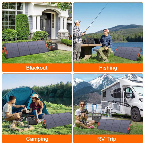 Collage showing 200W Foldable Solar Panel For Off Grid Power Stations Jackery Bluetti Anker used in different outdoor scenarios.
