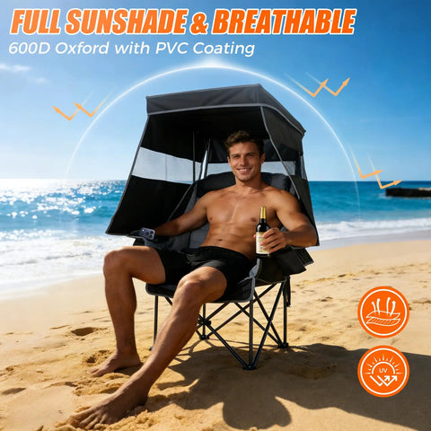 Man sitting on Heavy Duty Camping Chair With Canopy Shade And Umbrella Cup Holder Oversized Folding Beach Chair For Adults