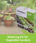 Drip Irrigation Kit For Vegetable Gardens With Fifty Feet Of One Quarter Inch Dripline, Box Display in Garden Setting