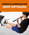 Person using Multi Grip Curl Bar Cable Attachment for home and commercial gyms, non slip tricep barbell and LAT pulldown exercise.