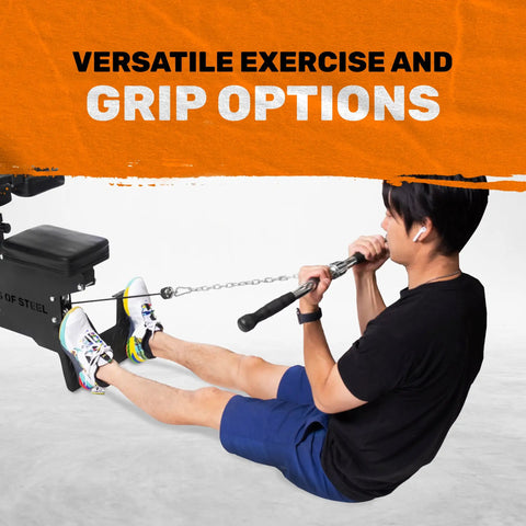 Person using Multi Grip Curl Bar Cable Attachment for home and commercial gyms, non slip tricep barbell and LAT pulldown exercise.