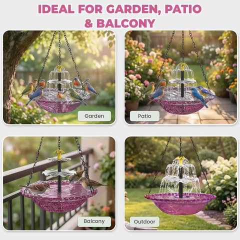 Sun Powered Bird Bath Fountain With Hanging Cascade For Outdoor Garden Decor, Purple, eco-friendly water feature attracting birds