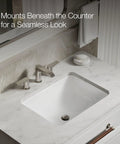 Roomy Rectangular Undermount Bathroom Sink With Overflow Drain Crafted From Hella Durable Vitreous China For An Easy Vanity Setup Bringing Straight Up White Finish And Really Smooth Daily Performance, mounted beneath counter.