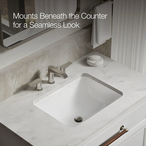 Roomy Rectangular Undermount Bathroom Sink With Overflow Drain Crafted From Hella Durable Vitreous China For An Easy Vanity Setup Bringing Straight Up White Finish And Really Smooth Daily Performance, mounted beneath counter.