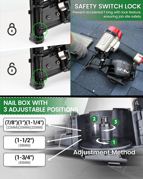 Lightweight Pneumatic Roofing Nailer Designed For Tight Roofs And Daily Grind with safety switch lock and adjustable nail box displayed.