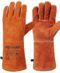 Heavy Duty 14 Inch Welding Gloves Heat Resistant Leather For Welding Fire Pit Campfire BBQ Grilling Oven Baking Mig Tig Stick Gear Gift For Dudes And Pros, brown leather gloves with logo.