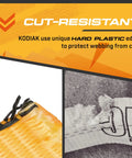 Close-up of orange 4 Pack Heavy Duty 2 Inch By 27 Foot Ratchet Tie Down Straps With Flat Hooks showing cut-resistant feature