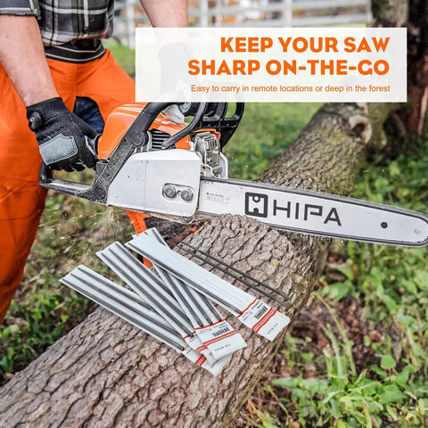 Person using Pro Grade Three Sixteenth Inch Round Chainsaw Chain Sharpening Files Pack Of 12 For 325 Pitch Chains outdoors
