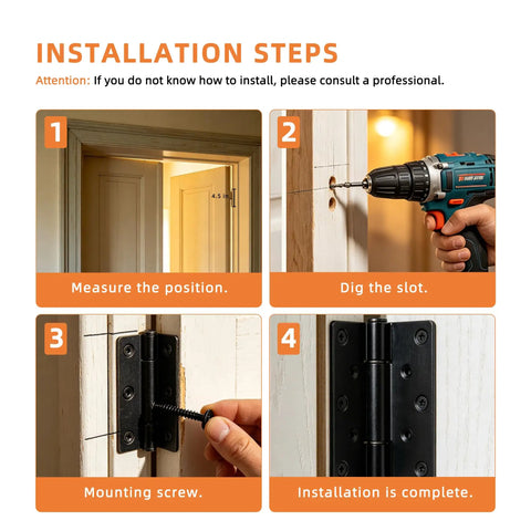 6-Pack Heavy Duty Black Commercial Door Hinges 4.5 By 4.5 Inches Thickened, 304 Stainless Steel With Electroplated Black Finish, Square Corner, Standard Hole Pattern, Built For High Traffic Doors, Durable Professional Grade Hardware installation steps for black door hinge on wood door