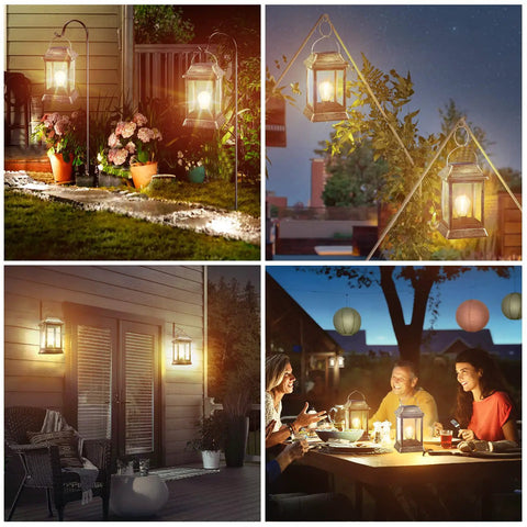 Collage of retro bronze metal solar lanterns outdoor lights pack of 2, hanging in gardens and patio, illuminating at night, LED filament bulbs