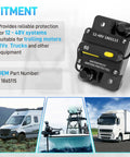 Solid 60 Amp Circuit Breaker For Rig And Marine Setup With Top Shelf IP67 Waterproof Housing shown with specs and fitment info.
