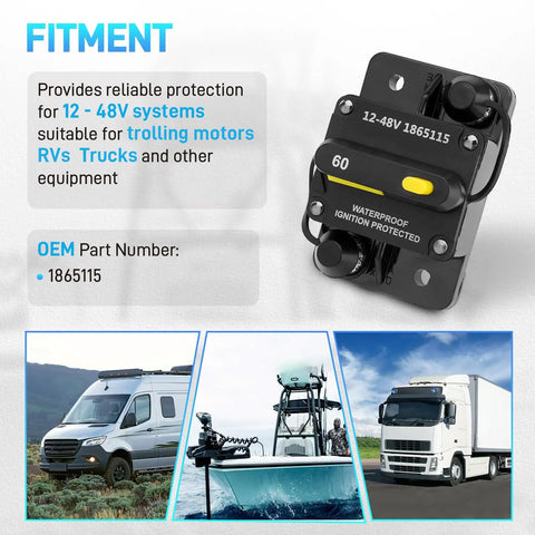 Solid 60 Amp Circuit Breaker For Rig And Marine Setup With Top Shelf IP67 Waterproof Housing shown with specs and fitment info.
