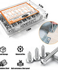 Heavy Duty 304 Stainless Steel Screw Assortment Kit Featuring Phillips Pan Head Fasteners For Wood And Sheet Metal Jobs In Badass Marine Grade Quality Packed With 680 Pieces, organized in a clear storage box.