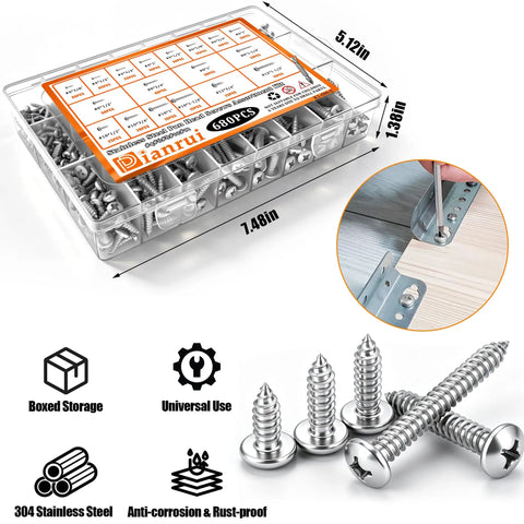 Heavy Duty 304 Stainless Steel Screw Assortment Kit Featuring Phillips Pan Head Fasteners For Wood And Sheet Metal Jobs In Badass Marine Grade Quality Packed With 680 Pieces, organized in a clear storage box.