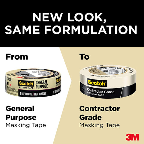 Comparison of Scotch general purpose to Contractor Grade Masking Tape 0.94 In by 60.1 Yards, highlighting packaging change.