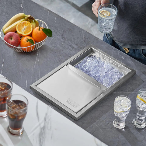 Drop-In Stainless Steel Ice Chest With Sliding Cover, 40.9 Qt Ice Bin For Outdoor Kitchen on counter with drink glasses
