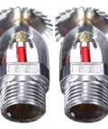 Set Of Two Upright Fire Sprinkler Heads With Half Inch Npt Threads Chrome Plated Copper Housing One Fifty Five Fahrenheit Activation.