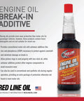 Engine Oil Break In Additive bottle and product information with red and black label, 16 ounce size, shown on a white background