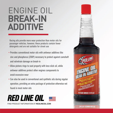 Engine Oil Break In Additive bottle and product information with red and black label, 16 ounce size, shown on a white background