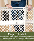 Recycled Plastic Baby Gate Pressure Mounted Doorway Safety Barrier Indoor Outdoor Use No Hassle Setup Keeps Tiny Humans Secure Easy Install installation process of white pressure-mounted gate.