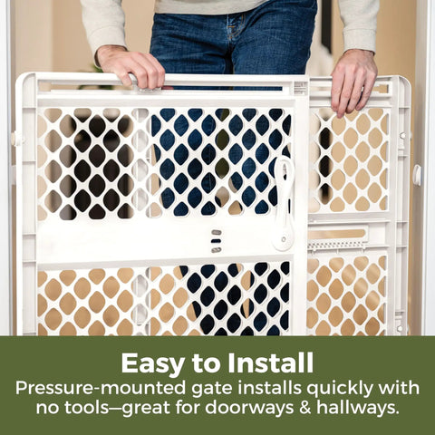 Recycled Plastic Baby Gate Pressure Mounted Doorway Safety Barrier Indoor Outdoor Use No Hassle Setup Keeps Tiny Humans Secure Easy Install installation process of white pressure-mounted gate.