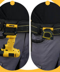 Beefy Drill Belt Clip And Tape Measure Holder For Tool Belts with tools attached, yellow aluminum steel construction, on waist view.