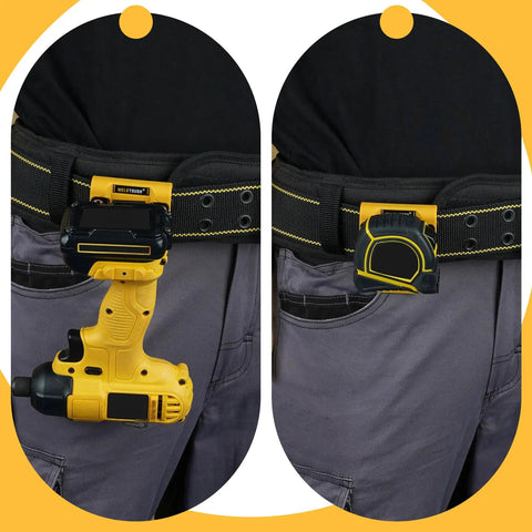 Beefy Drill Belt Clip And Tape Measure Holder For Tool Belts with tools attached, yellow aluminum steel construction, on waist view.