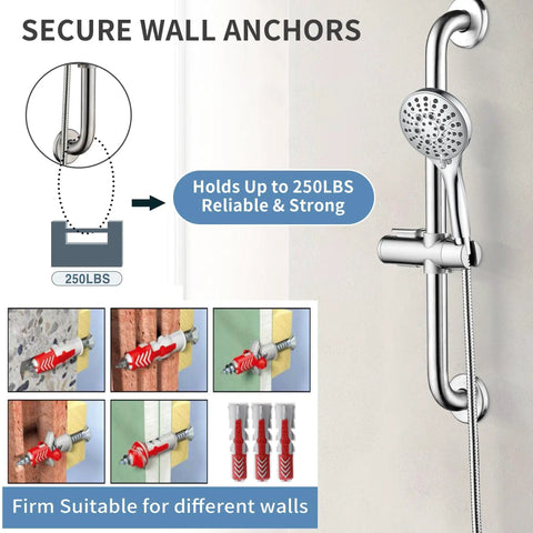 Stainless Steel Shower Grab Bar Set With Handheld Shower Head And Extra Long Hose Chrome Plated Durable Safe Mount supports 250 lbs