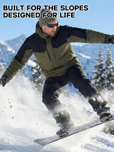 Warm Mens Waterproof Ski Jacket With Plush Insulation And Cozy Lining, snowboarder in action on snowy mountain