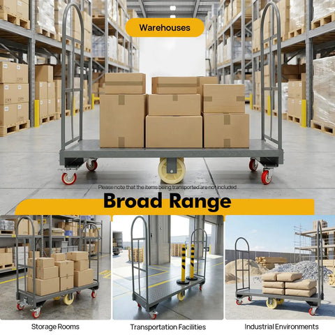 Beefy Heavy Duty 2000 Lb U Boat Cart Platform Truck Dolly For Warehouse Moving And Material Handling, Steel Frame With A 2mm Thick Platform, Durable Utility Cart For Boxes Equipment And Supplies loaded with boxes in warehouse
