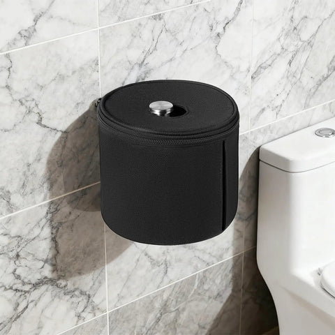 Full Enclosure Toilet Paper Holder Keeps Your Roll Safe From Hairy Paws And Chewy Jaws, black round fabric cover mounted on tile wall.