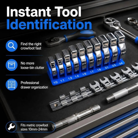 Modular Crowfoot Wrench Organizer Tray For 10mm To 22mm Wrenches in a drawer with tools, showing arranged wrenches on blue tray.