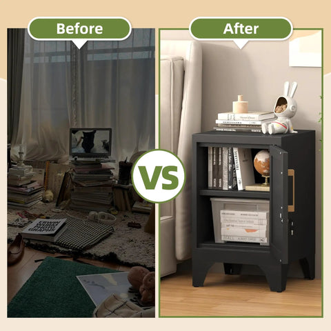 Before and after comparison of Tough As Nails Cold Rolled Steel Locker Nightstand With Secure Key Lock And Heavy Duty Build for organization.
