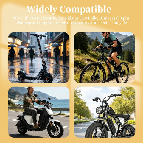 Collage of urban and rural settings featuring usage of 20X Full Twist Throttle Grip for electric bikes and scooters, 12-72V.