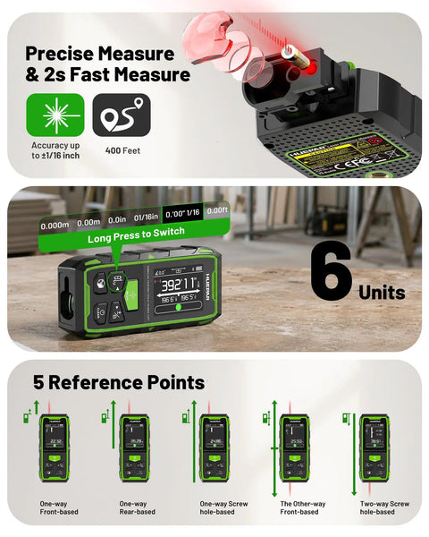 Heavy Duty Dual Laser Distance Meter Serving Up A Solid 395 Foot Range With Slick Phone App Sync And Quick USB C Charge For Contractors And DIY Crews Expecting Rock Solid Tool Performance All Day Long showing precise measurement detail, user interface, and functionality.