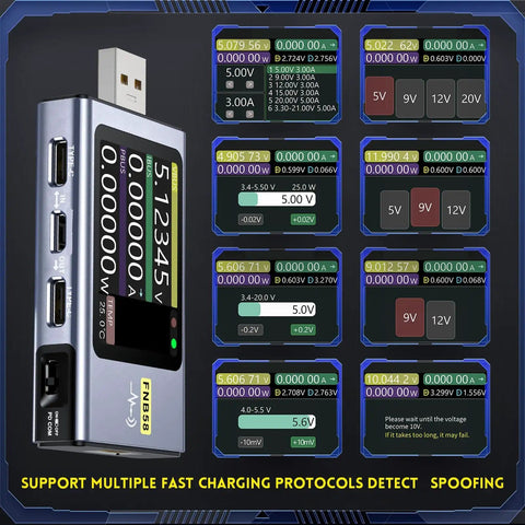 USB Power Multimeter With 2 Inch HD LCD Display showing voltage readings, multiple ports, and real-time power analysis screenshots.
